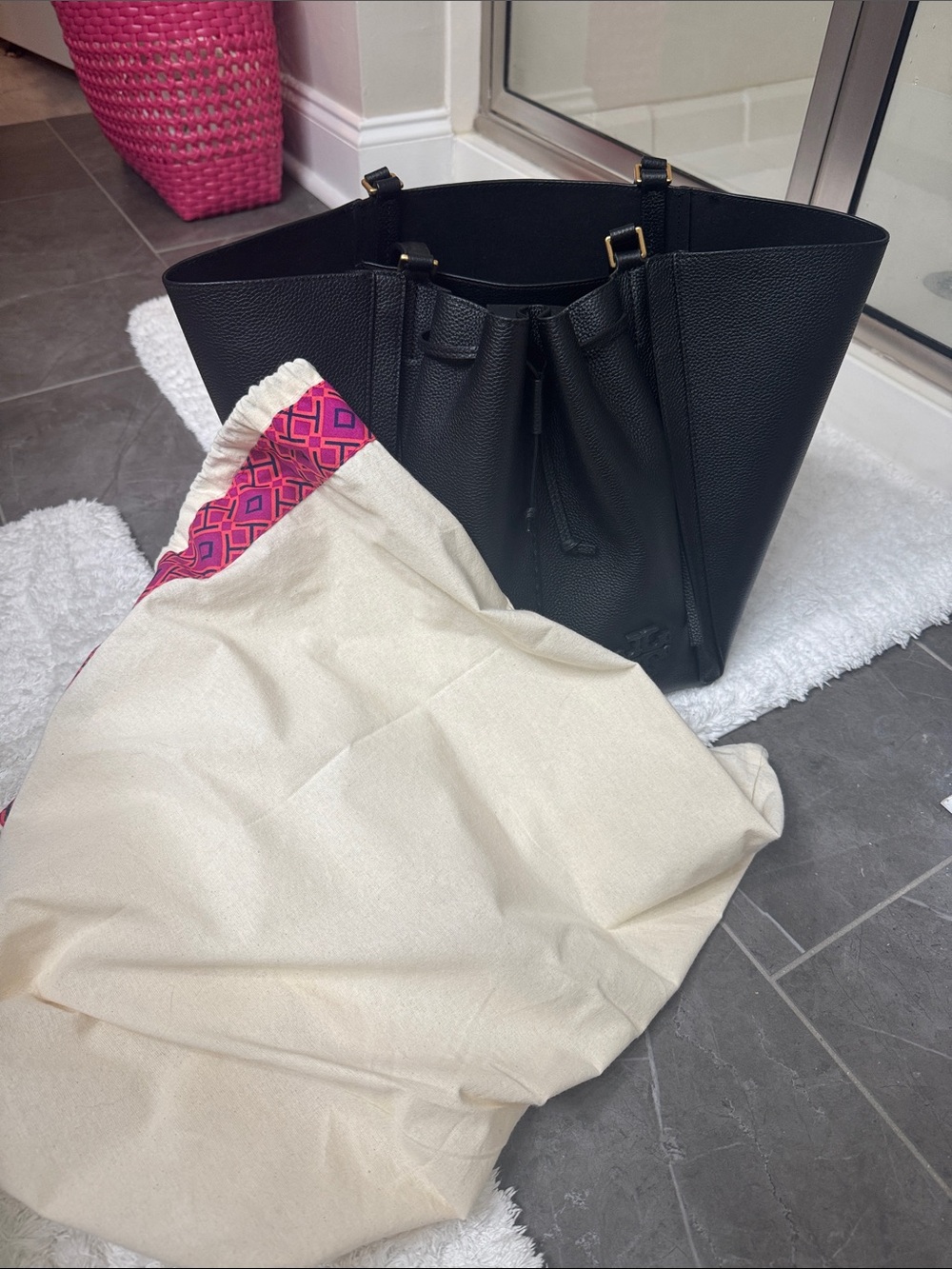 Tory Burch Black Pebbled Leather Drawstring Tote with Top Handles - Picture 5 of 5